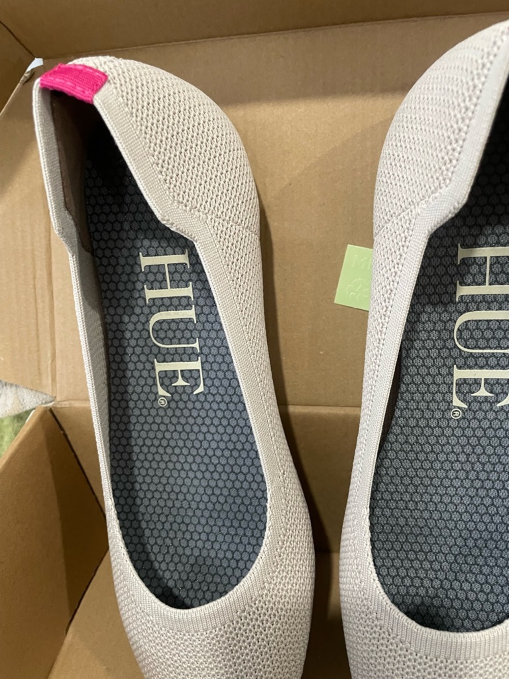 HUE Cream Knit Slip-On Flat with Pink Heel Tab